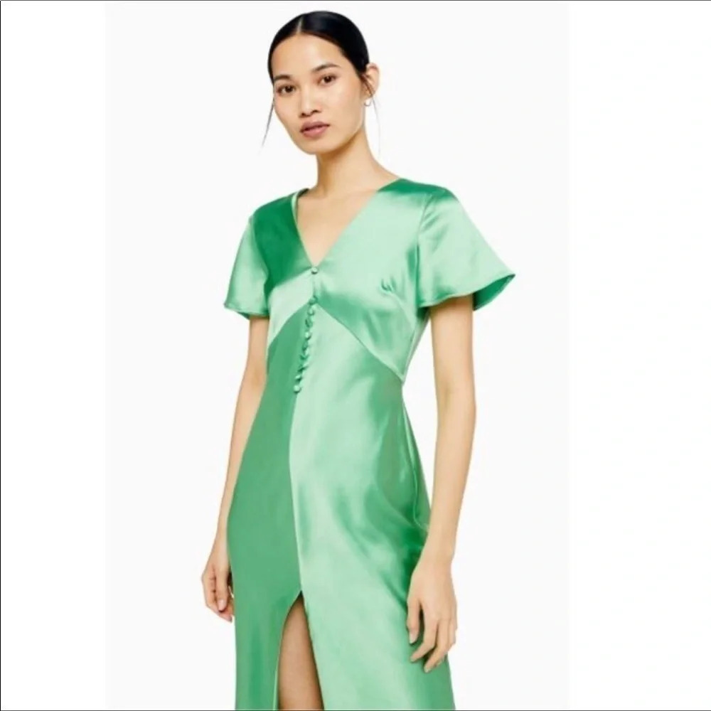 TopShop Angel Sleeve Bias Cut Satin Dress Green 8 - Picture 4 of 11